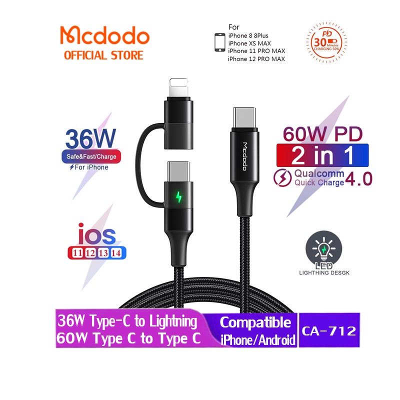 MCDODO Dây Cáp Sạc Nhanh 2 Trong 1 60W Pd Usb-C Sang 100W Type-C Cho Iphone 12 Pro Max 11 Pro Max Ipad Samsung Xiaomi Ca-7120