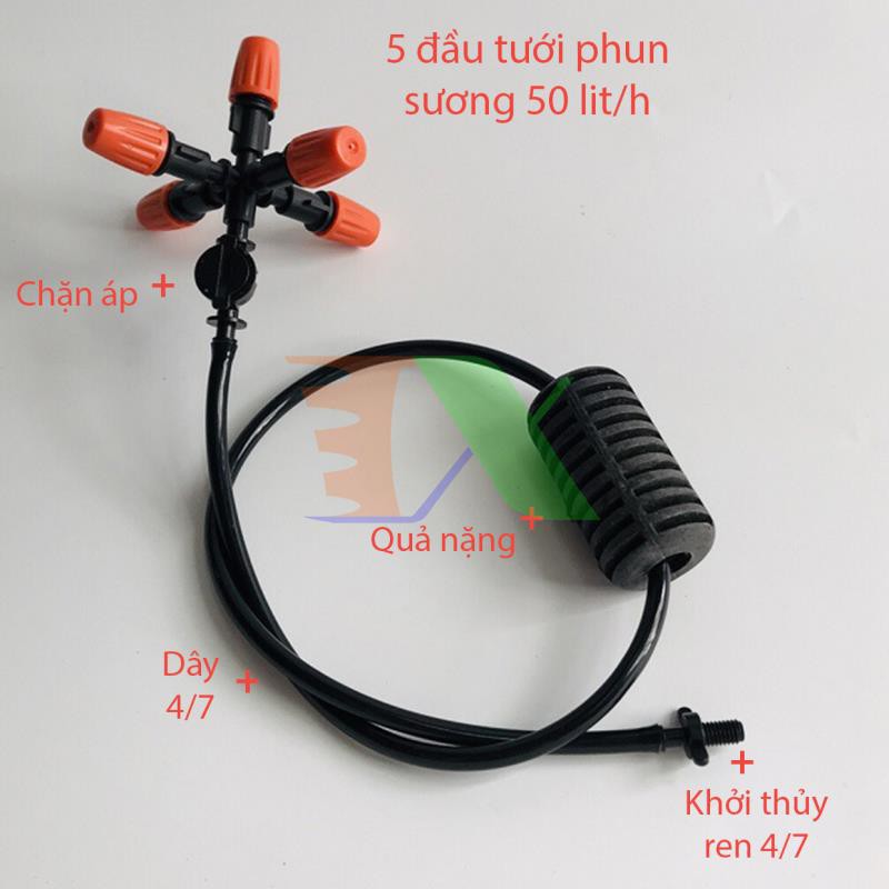 Bộ tưới treo 5 đầu tưới phun sương (50Lit/ h), Đầu tưới cây, làm mát + khởi thủy ren 4/7mm