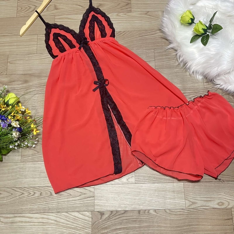 Đầm ngủ voan có mút kèm quần, phom 55kg