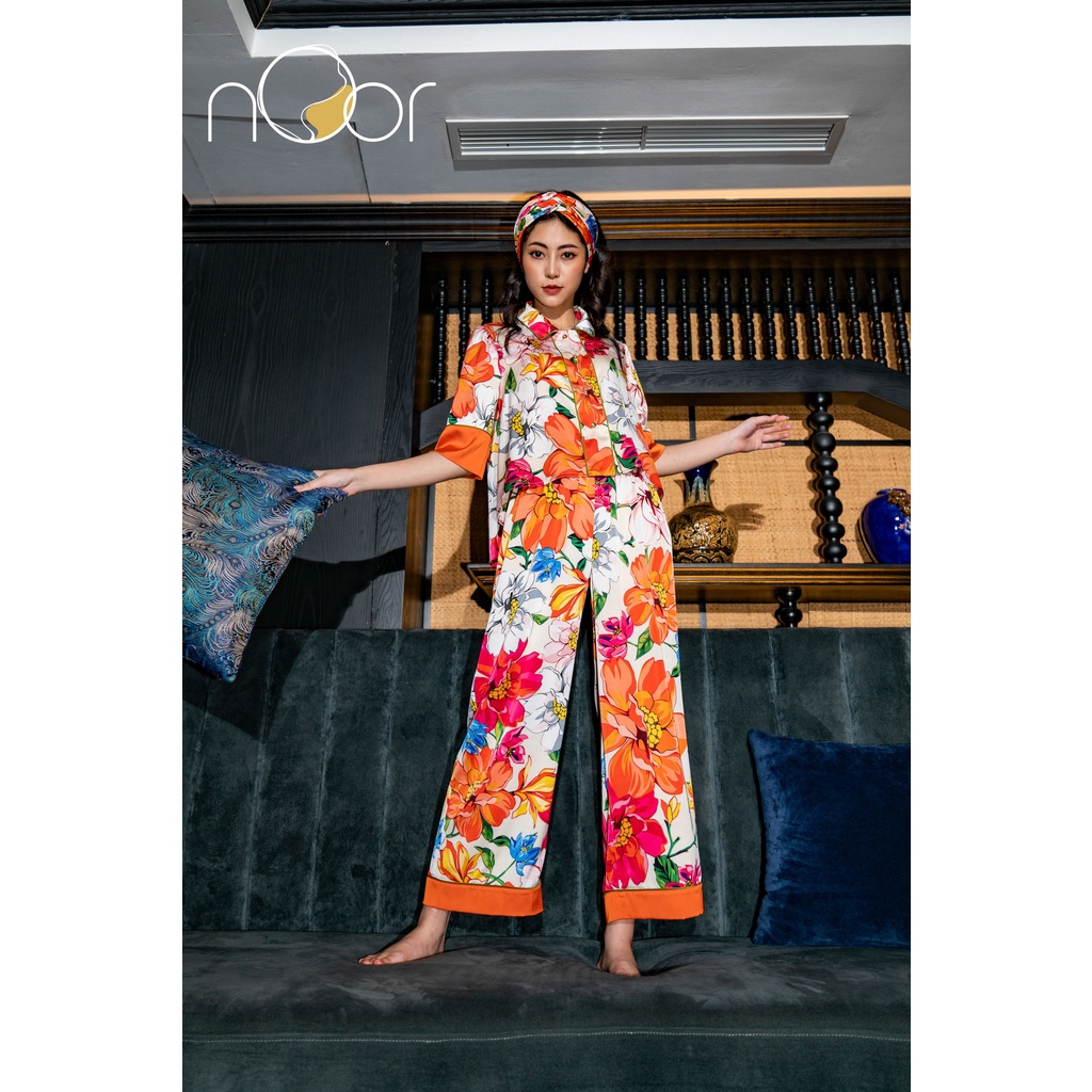 Bộ Ngủ Pyjama Lụa Cao Cấp Họa Tiết Hoa Cam Marigold Thương Hiệu nOor - NBN542