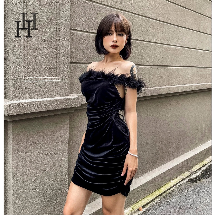 Đầm bẹt vai đen viền lông vũ nhún thun HDT279 Hỉn Hỉn Store