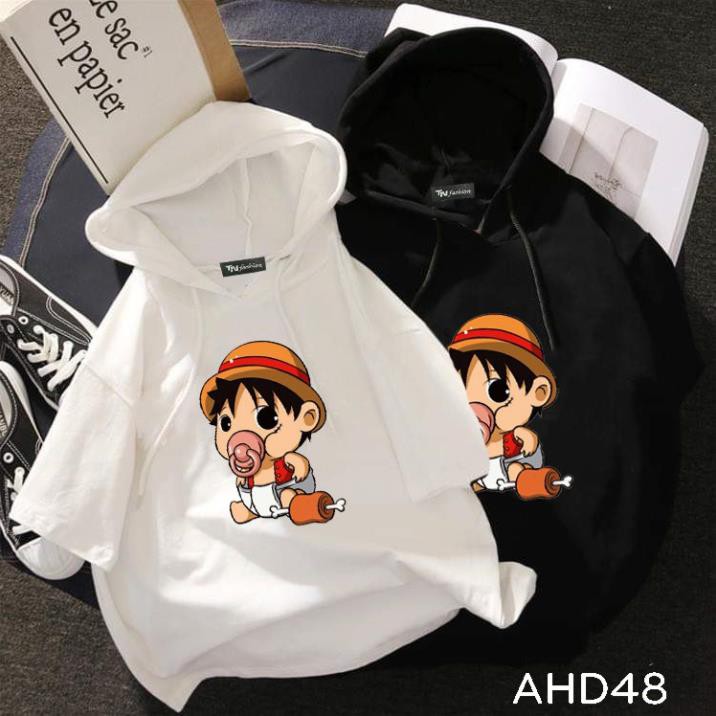 RẺ VÔ ĐỊCH- AHD48 Áo thun teen nam nữ HOODIE TAY LỠ CÓ NÓN hình luffy one piece