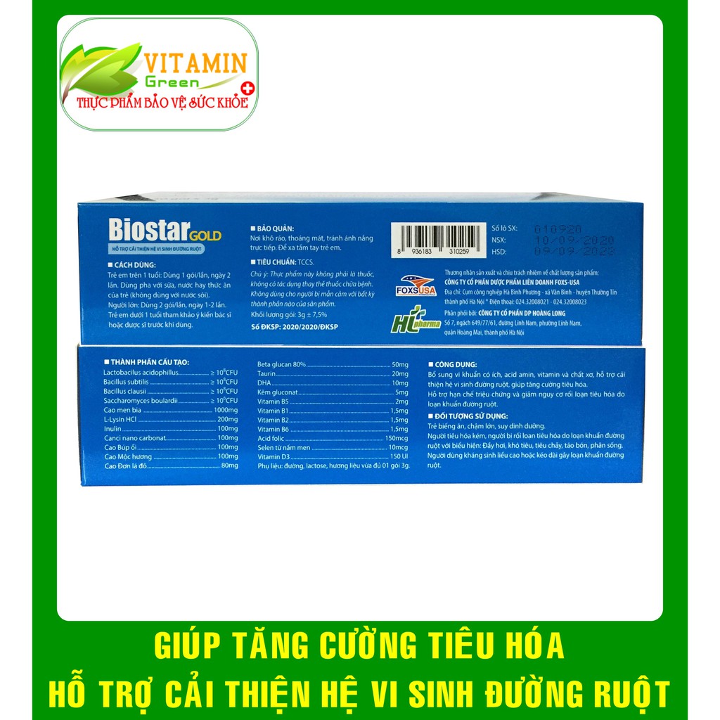  BIOSTAR GOLD BỔ SUNG LỢI KHUẨN, GIÚP TĂNG CƯỜNG TIÊU HÓA (Hộp 30 gói x 3g)