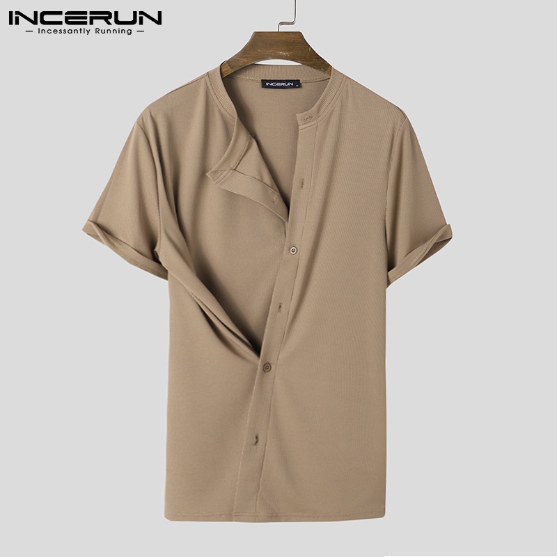 Áo sơ mi INCERUN tay ngắn dáng rộng phối nút thiết kế độc đáo thời trang cho nam
