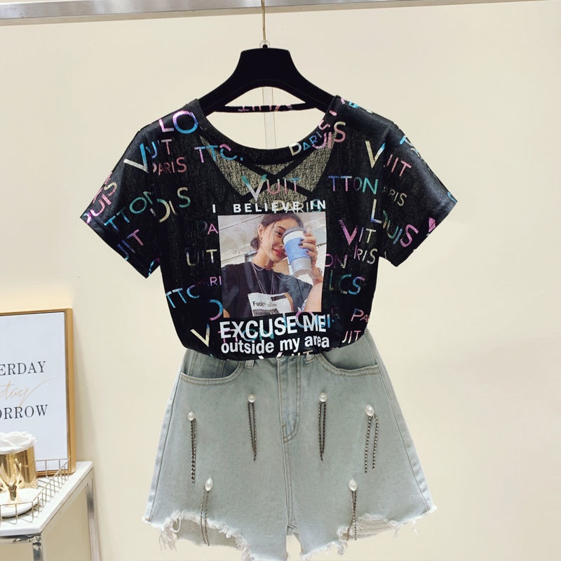 Ice silk short sleeve T-shirt women's clothing 2022 summer new large wide truffle back cross thin heart machine T-Shirt Top