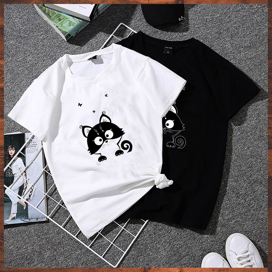 Áo thun nữ form rộng tay lỡ mèo trắng đen dễ thương vải dày mịn 2020TN1043