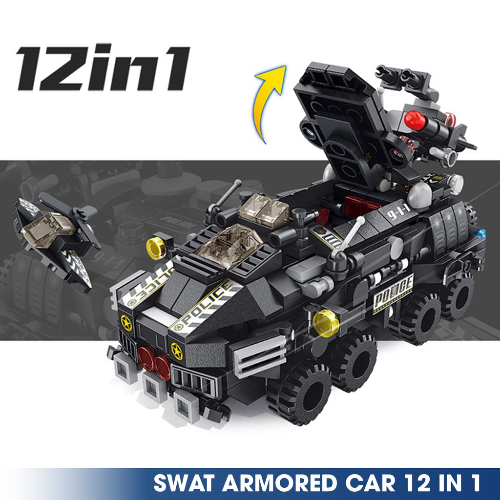 Bộ lắp ghép kiểu LEGO 12 in 1 mô hình SWAT Armored Car, bộ ghép hình cho trẻ phát triển tính sáng tạo