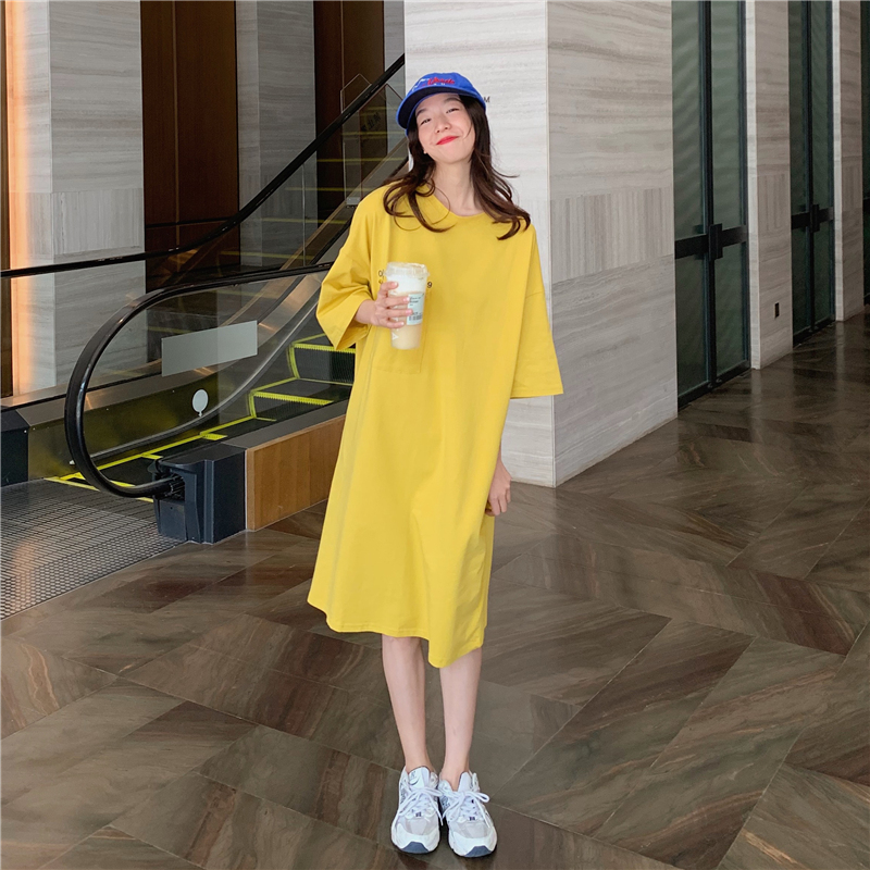 Đầm thun SUXI tay ngắn thêu họa tiết chữ cái phong cách Hàn Quốc thời trang dành cho nữ