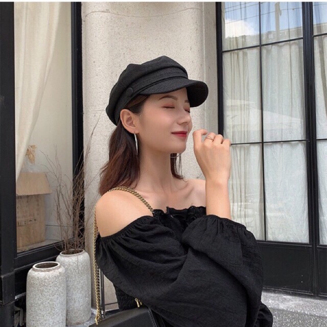 Mũ baret / mũ newsboy thuỷ thủ tròn nữ chất dạ thô có dây điều chỉnh