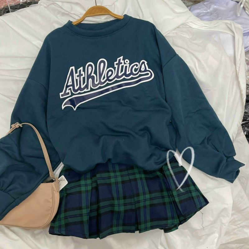 Set áo nỉ in hình màu xanh kèm chân váy tennis sọc caro có hình thật trải sàn | BigBuy360 - bigbuy360.vn