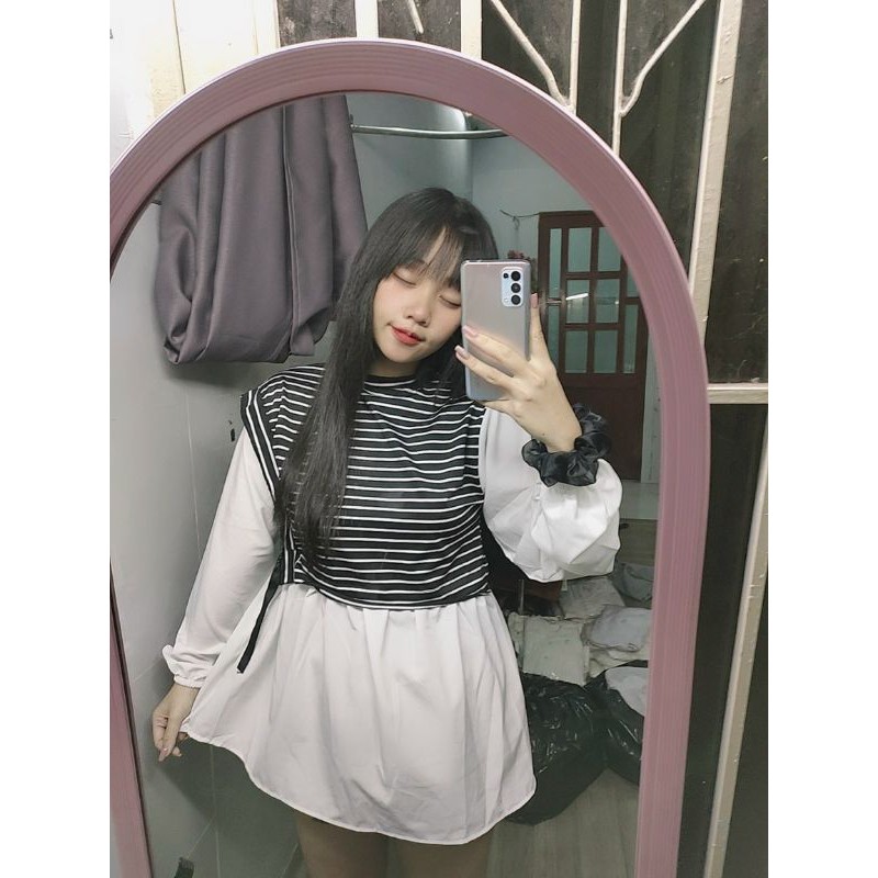 Áo babydoll phôm rộng phối sọc đen cao cấp_UTN