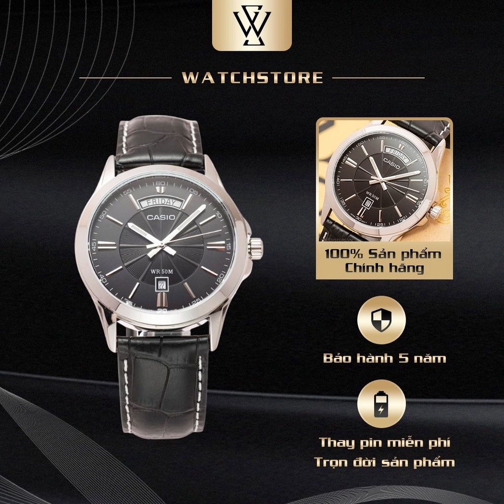 Đồng Hồ Quartz Nam Casio WATCHSTORE MTP-1381L-1AVDF Thiết Kế Mặt Kính Khoáng 40mm, Dây Da Đen Và Vỏ Thép Không Gỉ