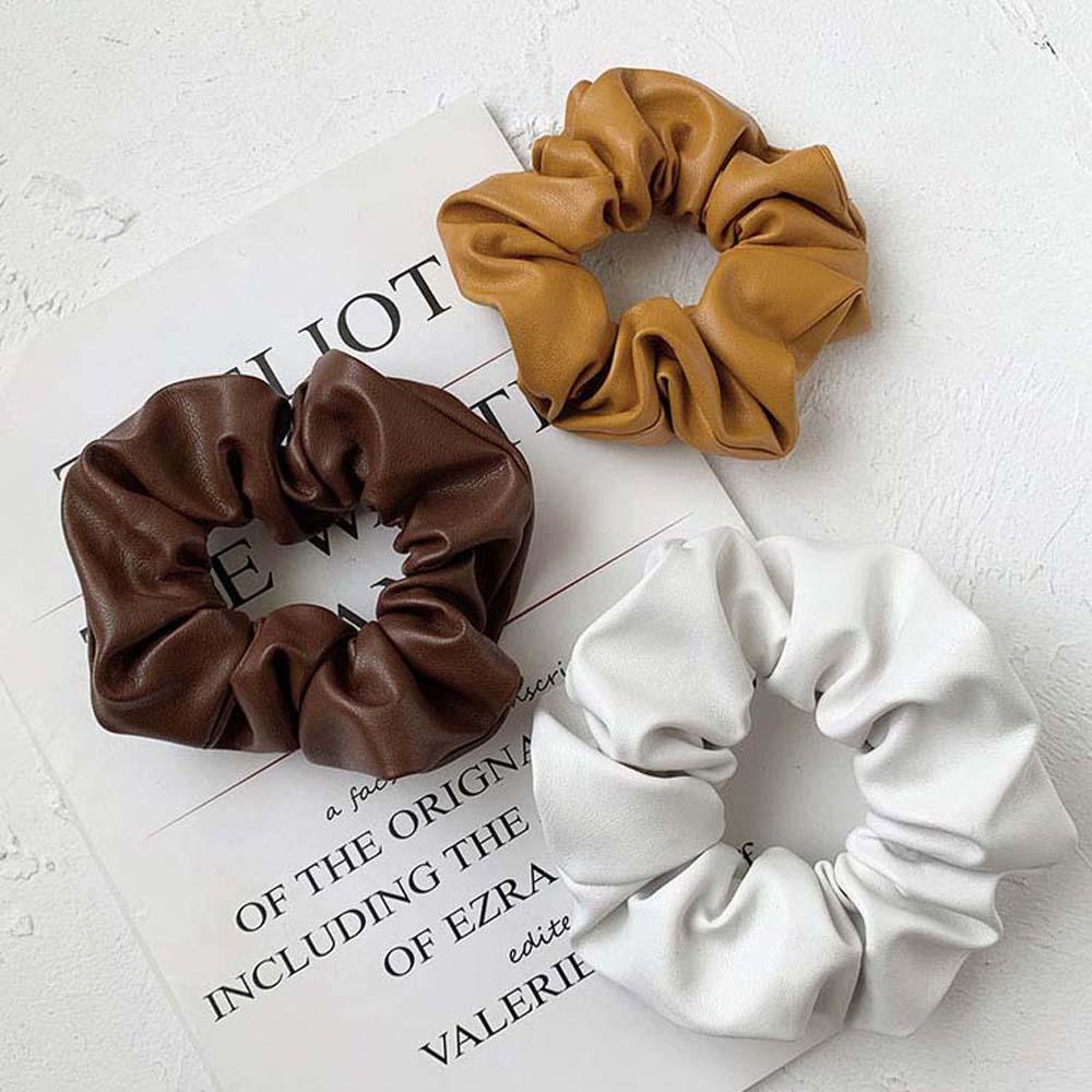 Dây Buộc Tóc Scrunchies Bằng Da PU Màu Trơn Đơn Giản Phong Cách Pháp