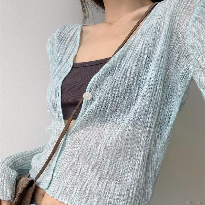 Áo Cardigan Dệt Kim Mỏng Tay Dài Cổ Chữ V Thời Trang Mùa Hè Cho Nữ