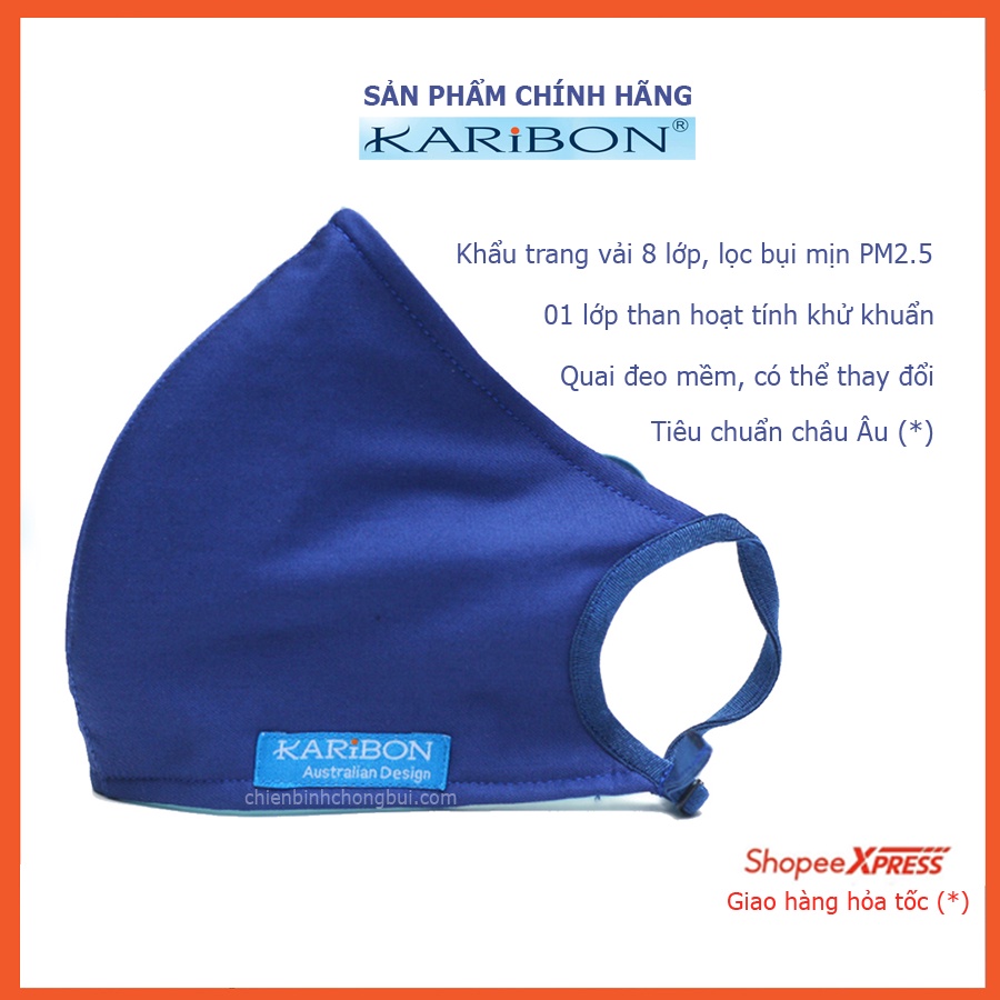 Khẩu trang than hoạt tính 8 lớp Karibon Cotton size M hoặc L