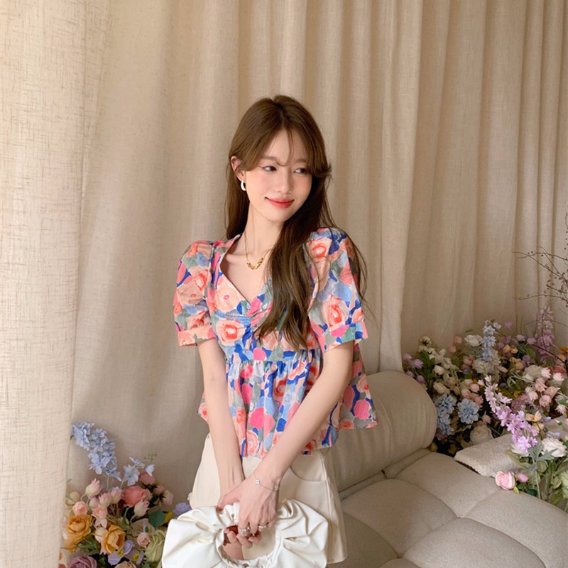 SUXI Áo Sơ Mi Tay Ngắn Cổ Chữ V Dáng Ôm In Họa Tiết Hoa Kiểu Vintage Thời Trang Mùa Hè