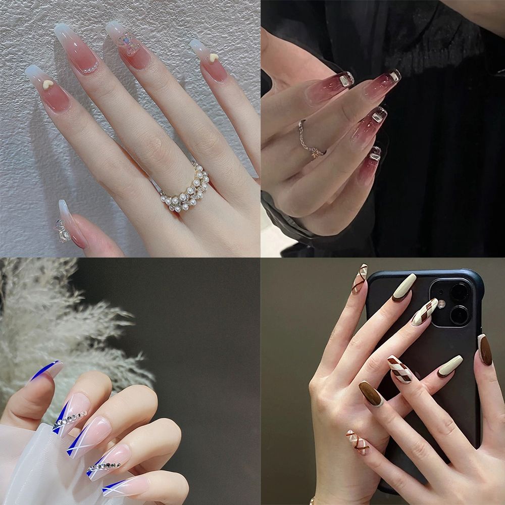 Bộ 24 Móng Tay Giả Dạng Nhấn Đóng Đinh Có Thể Tháo Rời Che Phủ Toàn Diện