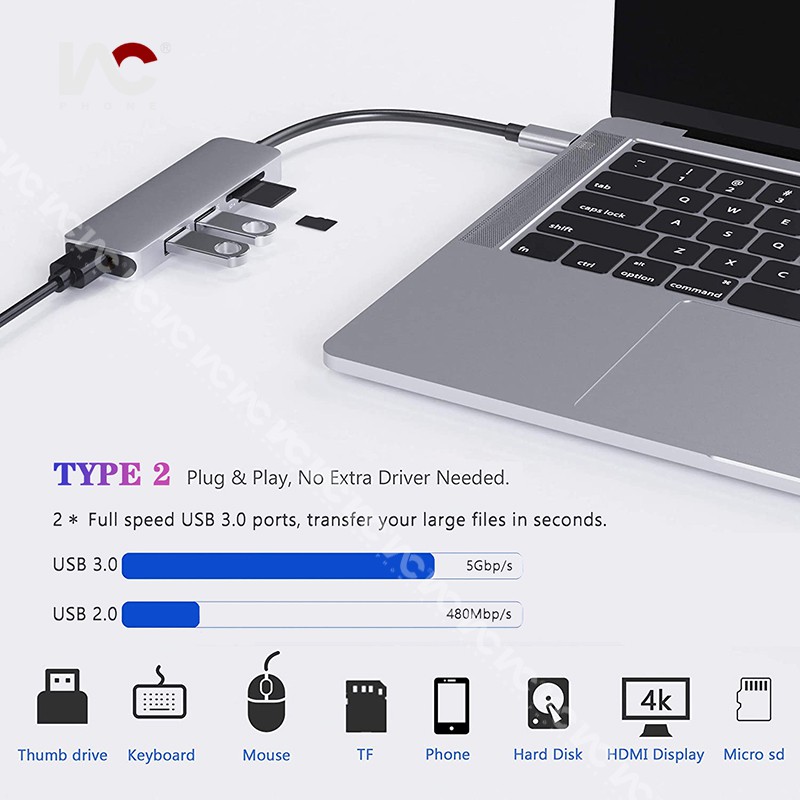 Bộ Chia Usb Type-C Hub 5 Trong 1 4k Hỗ Trợ Usb C Sang Usb 3.0 Cho Macbook Pro 13 / 15 Surface Go