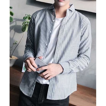 Áo sơ mi nam dài tay sọc trắng đen vải cotton oxford