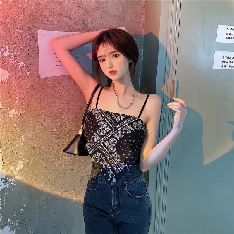 Áo 2 Dây Nữ Thổ Cẩm Họa Tiết 🦋 Áo Yếm Nữ Họa Tiết In Chất Borip 2 Màu 🦋 đen - trắng | BigBuy360 - bigbuy360.vn