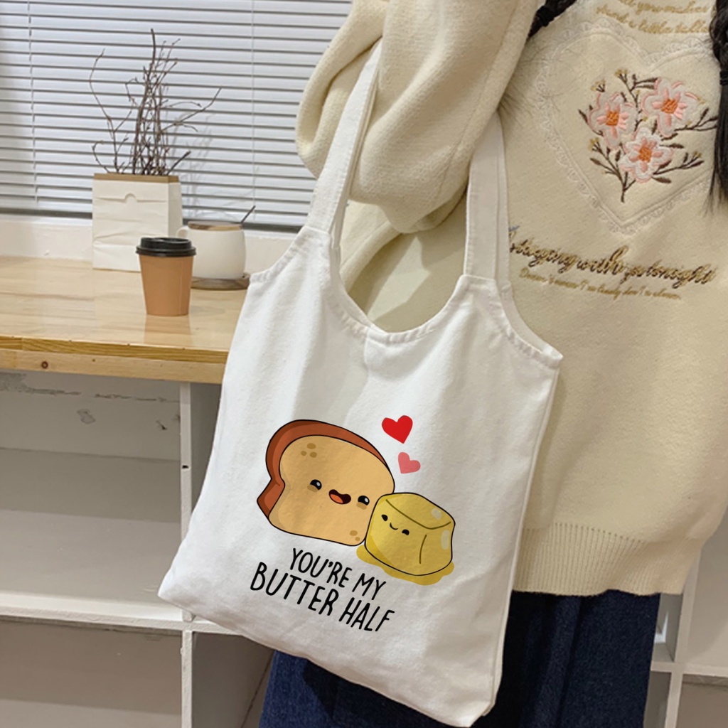 Túi tote bag Vải Canvas Mềm Quai Tròn Hình Siêu Cute Có Khóa Đi Học Đi Chơi