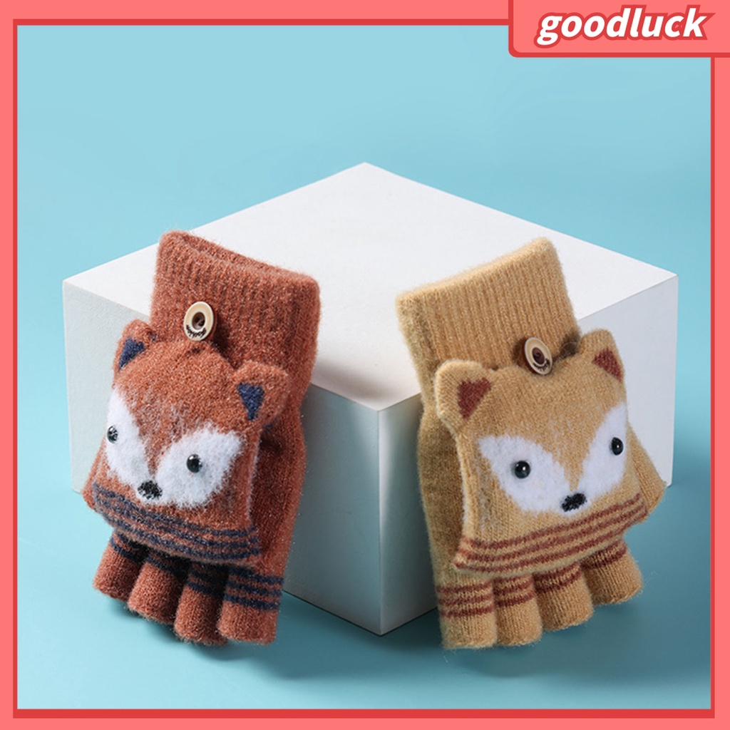 1 Đôi Găng Tay Hở Ngón Co Giãn In Họa Tiết Cáo Hoạt Hình Thời Trang Mùa Đông Cho Bé Trai Và Gái 6-10 Tuổi