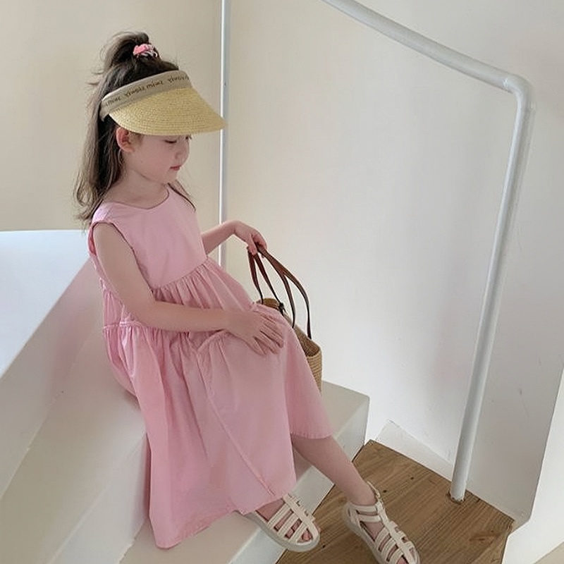 Đầm Công Chúa Hai Dây Không Tay Màu Trơn Thời Trang Mùa Hè Dành Cho Bé Gái Se7en