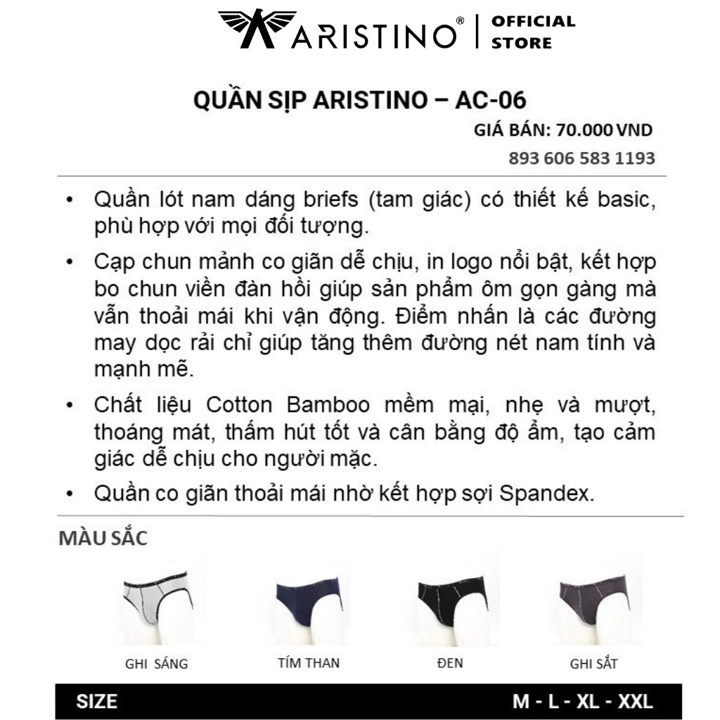 Quần Lót Nam Tam Giác Sịp Nam ARISTINO AC06 Quần Xì Briefs Chất liệu Sợi Tre Mềm Mại  Co Giãn Thoáng Mát Thấm Hút Mồ Hôi