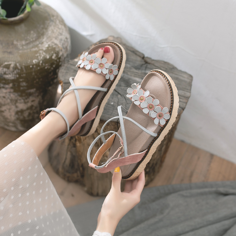 IELGY Giày xăng đan nữ mặt đính bông hoa thời trang retro xinh xắn