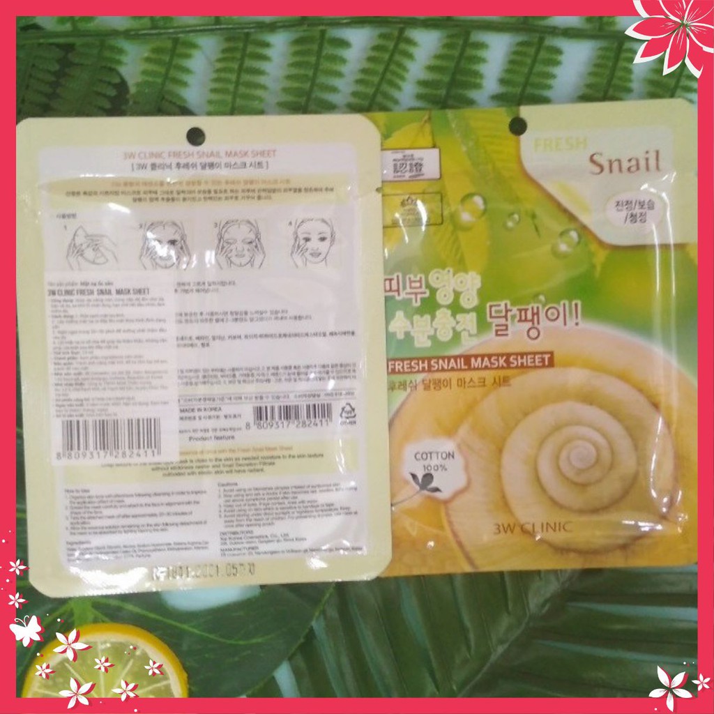 1 Mặt Nạ Ốc sên Mỹ Phẩm dưỡng da thiên nhiên chăm sóc chính hãng Hàn Quốc 3W Clinic Fresh Snail Mask Ssheet