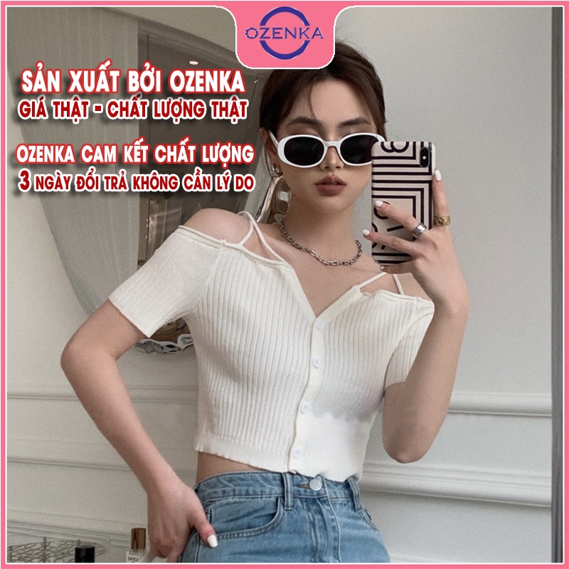 Áo croptop kiểu hàn quốc trễ vai tay ngắn nữ ozenka , crt ôm body cổ v cài nút sang chảnh đen trắng dưới 50kg