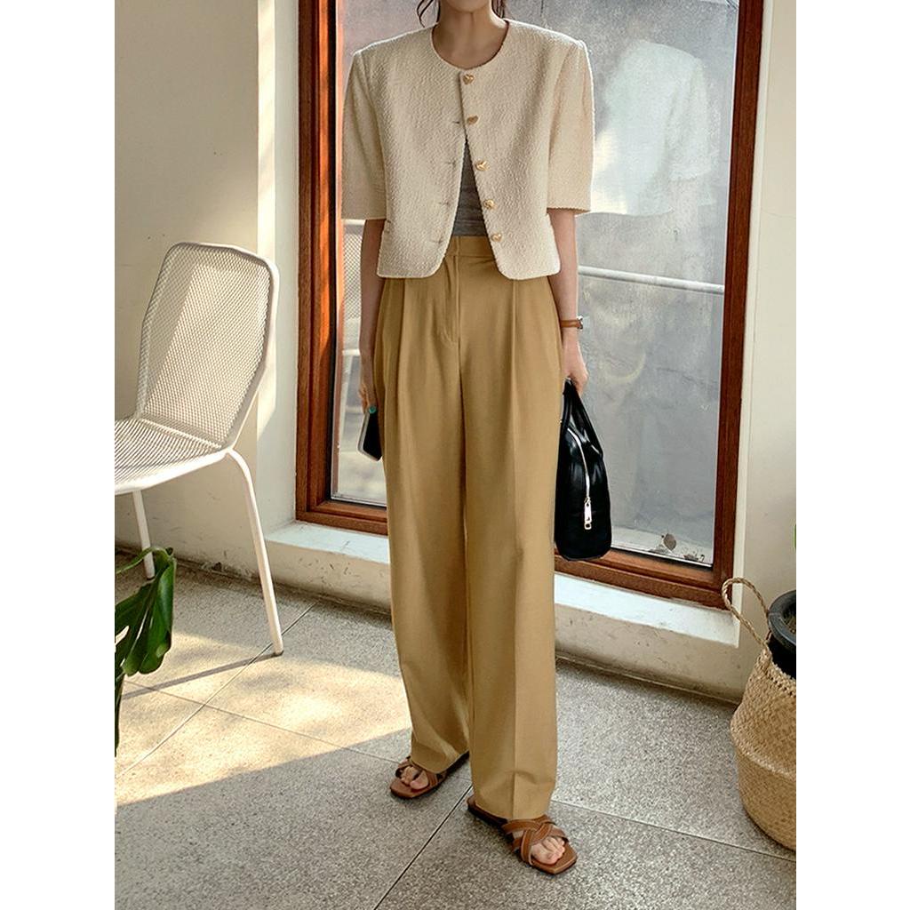 Áo Khoác Tweed Dáng Ngắn / Chân Váy Mỏng Thời Trang Hàn Quốc Sành Điệu 64029