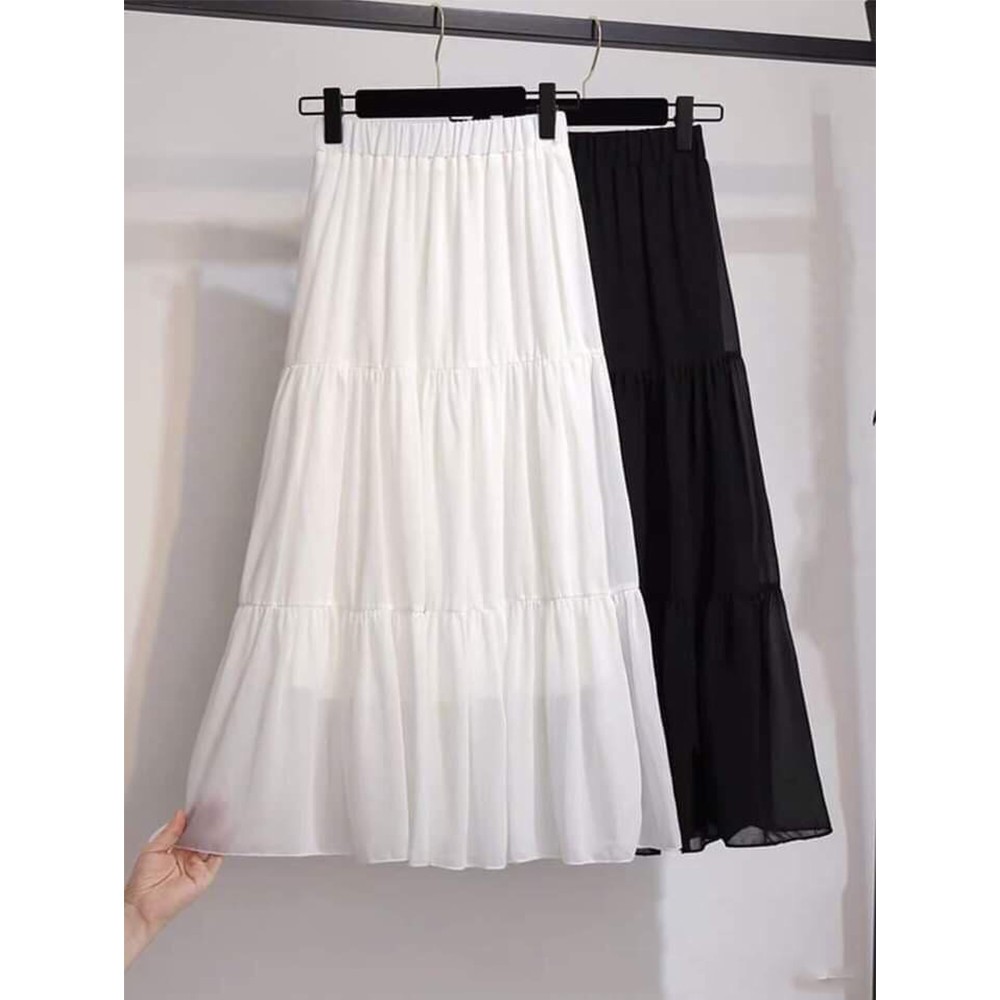 Chân váy dài 💎SALE💎 xòe xếp ly 3 tầng chất liệu voan sợi tổng hợp bền nhẹ có hai màu trắng đen freesize cupcake