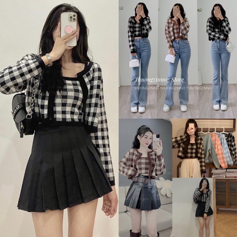 [Ảnh thật/Video]Set mongtogi kẻ caro đồ gồm áo cadigan len và áo hai dây croptop tôn dáng Set cadigan Hàn Quốc