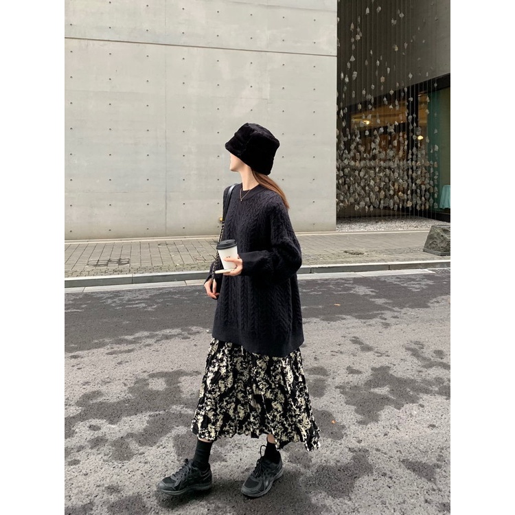 Chân Váy Hoa Đen Phong Cách retro Hàn Quốc
