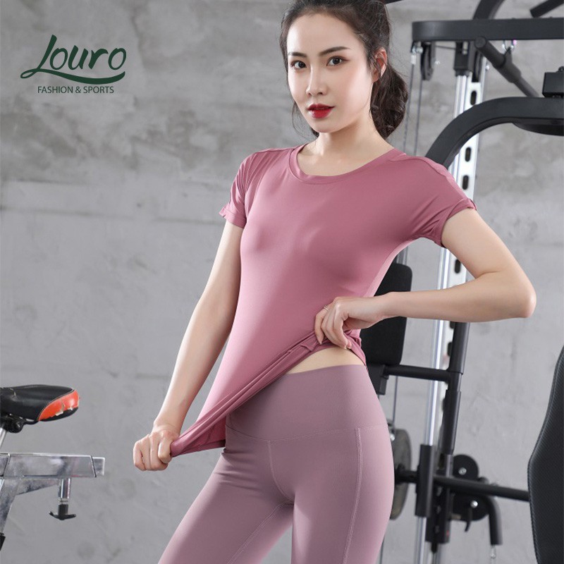 Áo tập gym nữ tay ngắn Louro LA10, kiểu áo tập Gym, Yoga, Zumba chất liệu siêu co giãn, có lỗ thoáng khí phía lưng