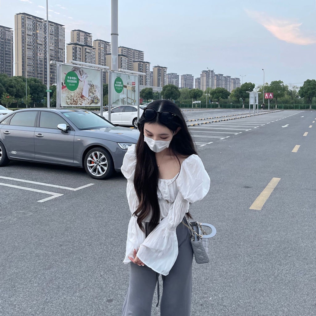 Ahoyeap Áo sơ mi tay dài phồng hai trong một dáng ngắn thiết kế cá tính thời trang xuân thu