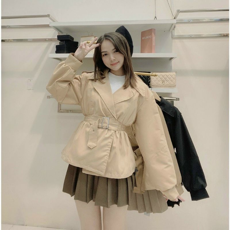 Áo khoác măng tô kaki chần chun eo có đai cài hàng VN