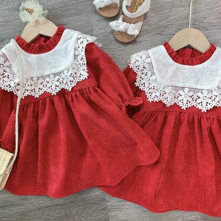 Váy nhung đỏ cổ ren hoa mai cho bé