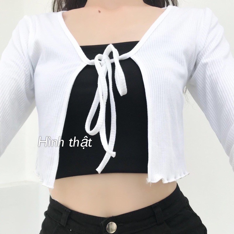Áo khoác cardigan croptop buộc nơ chất thun gân tay dài | BigBuy360 - bigbuy360.vn