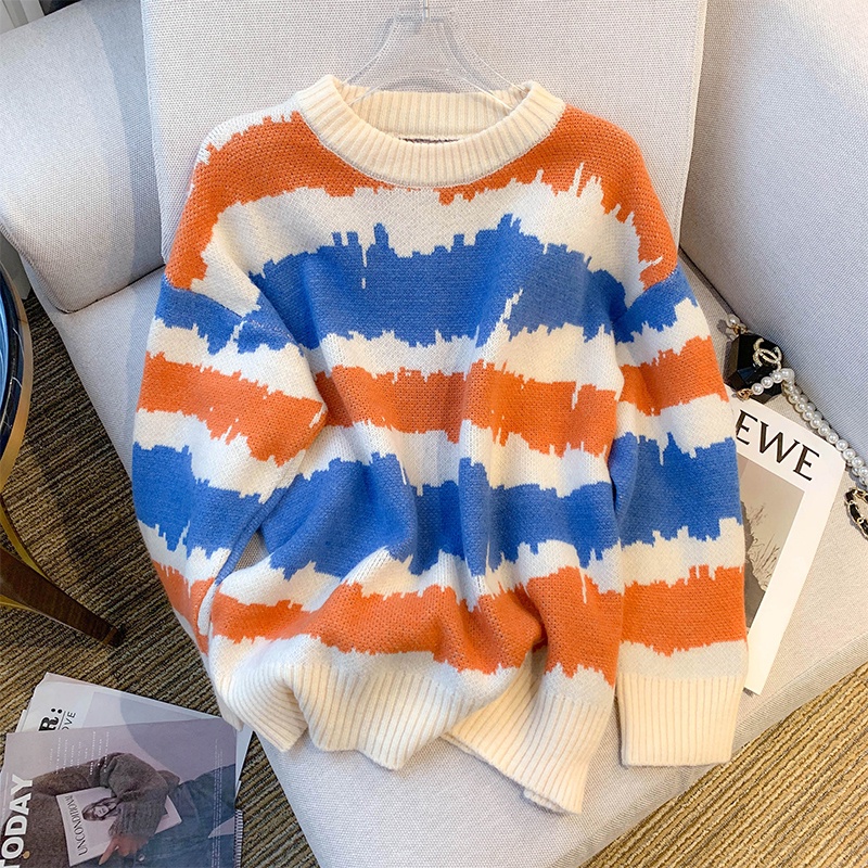 Áo sweater Dáng Rộng Họa Tiết Kẻ Sọc Màu Tương Phản Thời Trang Thu Đông Mới Cho Nữ