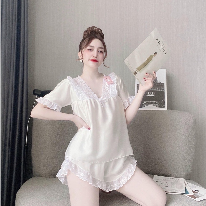 Đồ ngủ nữ,đồ bộ mặc nhà phong cách tiểu thư dễ thương MOMISA06 chất lụa satin phối ren bèo mềm mịn | BigBuy360 - bigbuy360.vn
