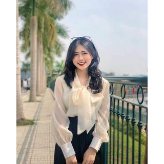 ⚡️SƠ MI⚡️Áo sơ mi nơ nơ trước, tay đính cúc ngọc