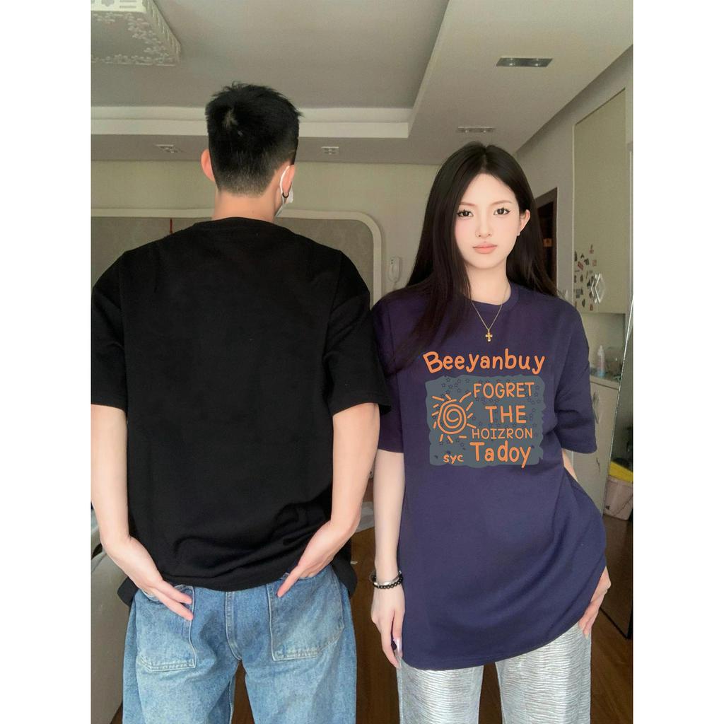 ihkke Áo thun tay ngắn màu đen in họa tiết phong cách Hàn Quốc thời trang cho cặp đôi