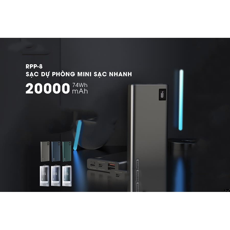 [Mã 44ELSALE2 giảm 7% đơn 300K] [BH 12T] Pin sạc dự phòng Remax RPP8 20000mah cao cấp sạc nhanh cùng lúc 3 thiết bị