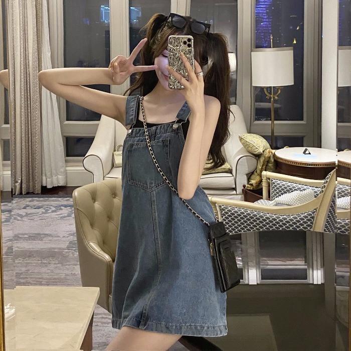Đầm Yếm denim Lưng Cao Dáng Rộng Phong Cách Hàn Quốc Cổ Điển Thời Trang Cho Nữ
