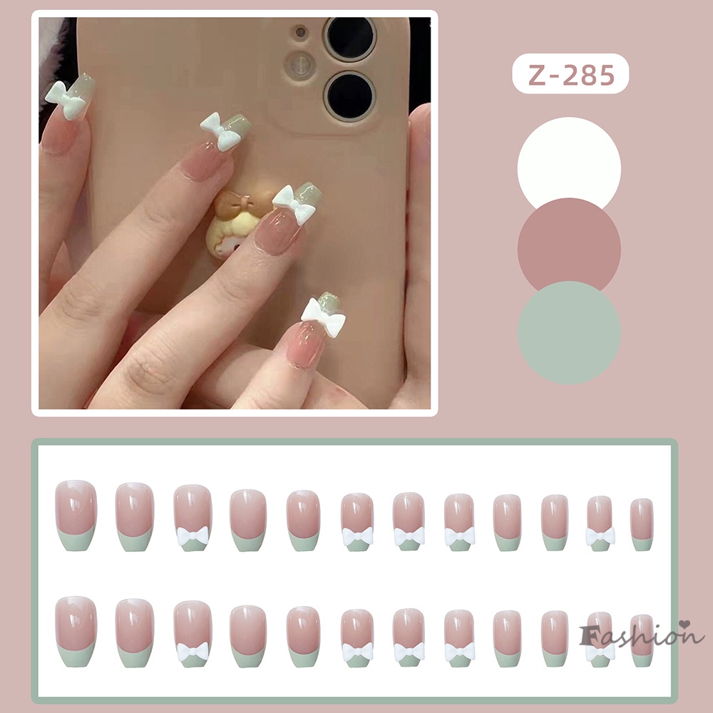 Bộ 24 Móng Tay Giả 3D Màu Xanh Lá Cho Nữ