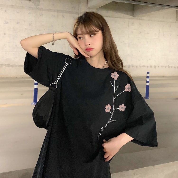 fat mm summer short-sleeved T-shirt women 2021 new Korean embroidery loose large size women s clothing all-match ins tide