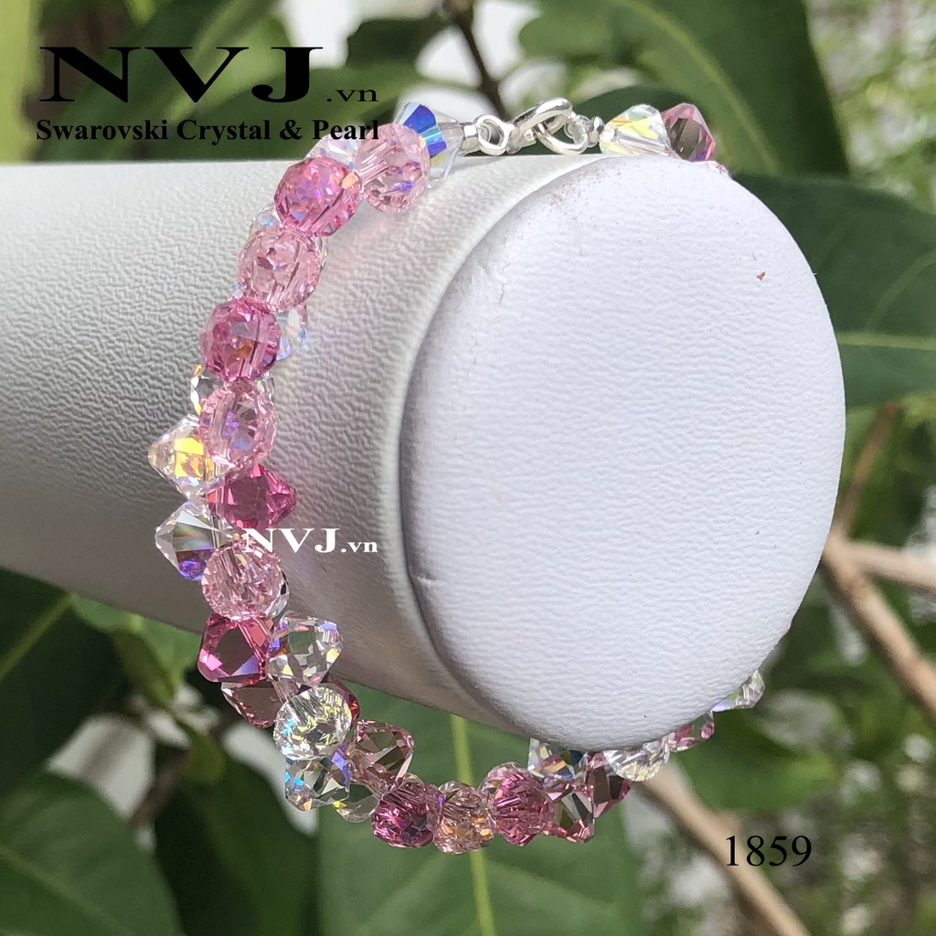Vòng tay pha lê Swarovski 3 màu hồng rose 209, light rose 223 & crystal 001AB hạt nón xỏ đầu pendant 6328, khóa bạc tròn