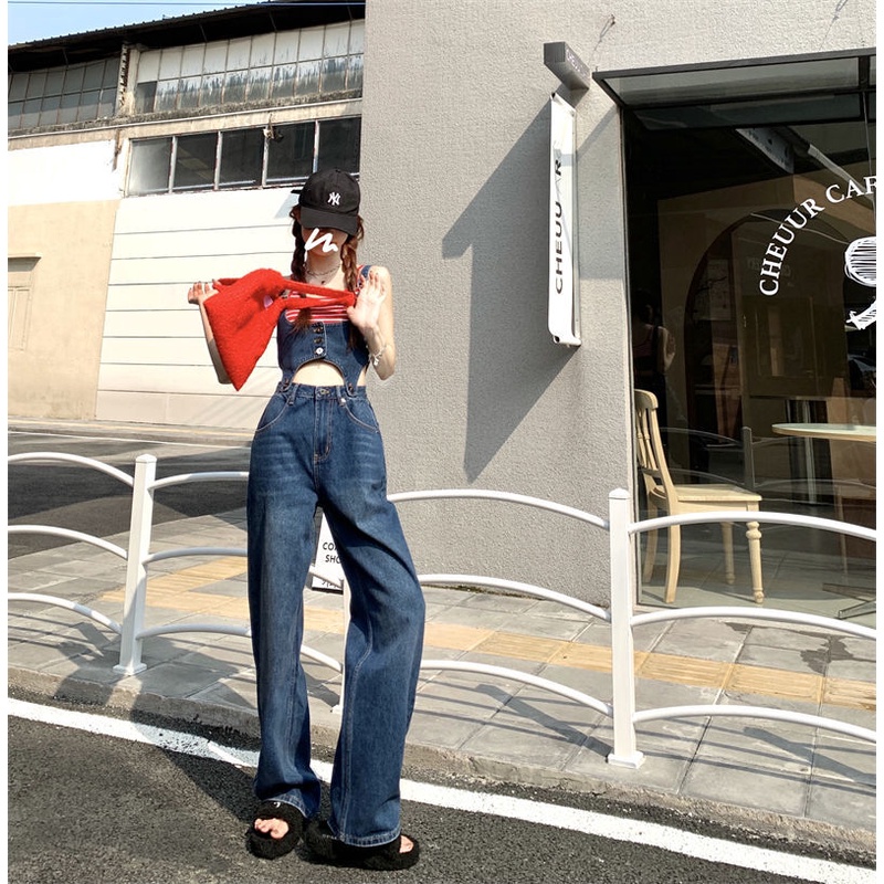 Retro chic suspender jeans women's spring 2022 New loose slimming straight wide leg pants ins trendy 7uXJ